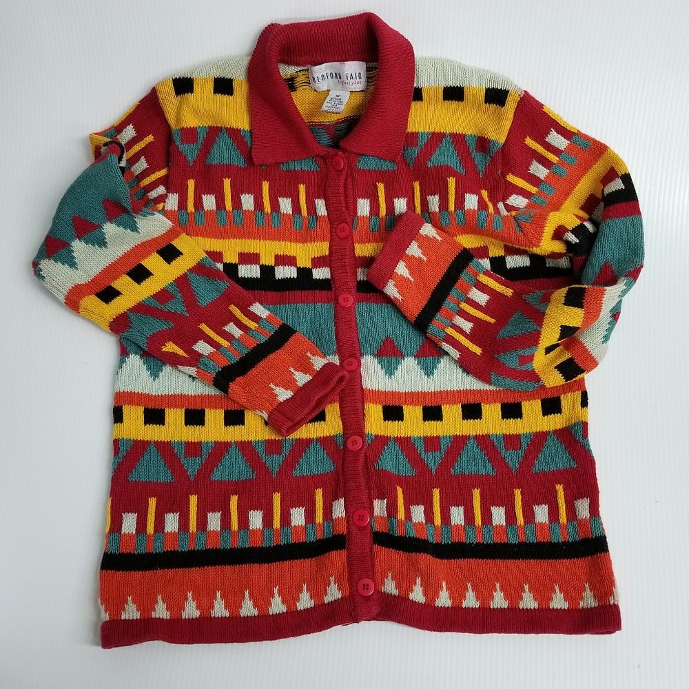 Colorful Aztec Pattern Cardigan Sweater Sz MP Ramie/Cotton EUC Vtg Bedford Fair